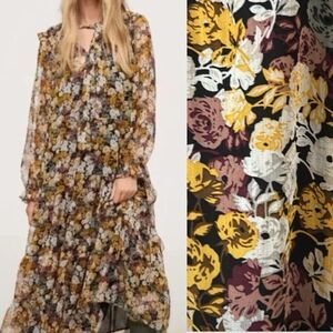 New MNG Mango Juliet Black Sheer Floral Ruffle Marigold Maxi Dress XL/10 Boho